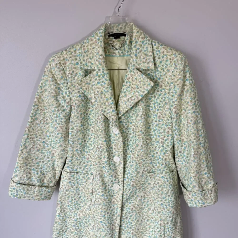 VTG Express Green Ditsy Floral Coat Long Jacket M Retro 90s Y2K Cottagecore - Picture 2 of 6